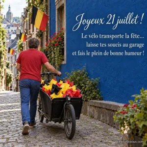 Un homme pousse un vélo cargo chargé de décorations noir, jaune et rouge dans une rue de Liège, avec le texte « Joyeux 21 juillet ! Le vélo transporte la fête… laisse tes soucis au garage et fais le plein de bonne humeur ! ».