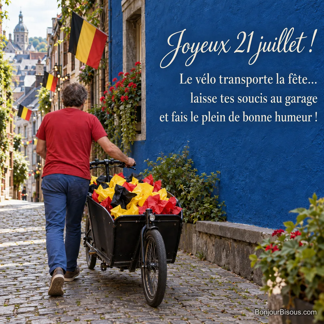 Un homme pousse un vélo cargo chargé de décorations noir, jaune et rouge dans une rue de Liège, avec le texte « Joyeux 21 juillet ! Le vélo transporte la fête… laisse tes soucis au garage et fais le plein de bonne humeur ! ». Un homme pousse un vélo cargo chargé de décorations noir, jaune et rouge dans une rue de Liège, avec le texte « Joyeux 21 juillet ! Le vélo transporte la fête… laisse tes soucis au garage et fais le plein de bonne humeur ! ».