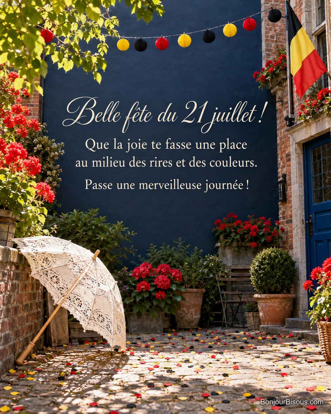 Une ombrelle en dentelle blanche repose dans une cour de Bruges décorée aux couleurs belges, avec le texte « Belle fête du 21 juillet ! Que la joie te fasse une place au milieu des rires et des couleurs. Passe une merveilleuse journée ! ». Une ombrelle en dentelle blanche repose dans une cour de Bruges décorée aux couleurs belges, avec le texte « Belle fête du 21 juillet ! Que la joie te fasse une place au milieu des rires et des couleurs. Passe une merveilleuse journée ! ».