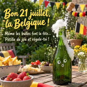 Une bouteille de limonade à l’air surpris laisse sauter son bouchon sous des fanions belges, avec le texte « Bon 21 juillet, la Belgique ! Même les bulles font la fête… Pétille de joie et régale-toi ! ».