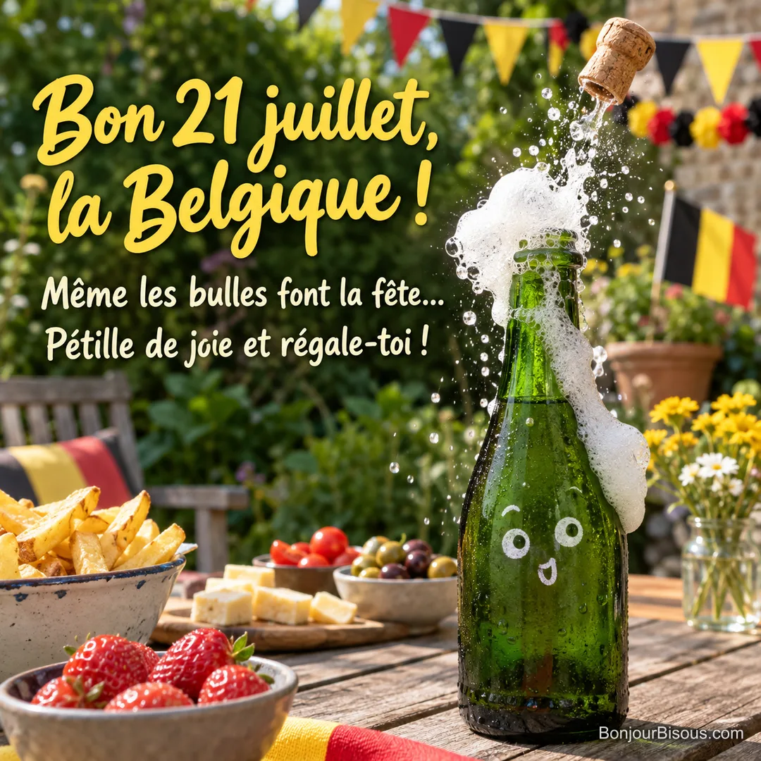 Une bouteille de limonade à l’air surpris laisse sauter son bouchon sous des fanions belges, avec le texte « Bon 21 juillet, la Belgique ! Même les bulles font la fête… Pétille de joie et régale-toi ! ». Une bouteille de limonade à l’air surpris laisse sauter son bouchon sous des fanions belges, avec le texte « Bon 21 juillet, la Belgique ! Même les bulles font la fête… Pétille de joie et régale-toi ! ».