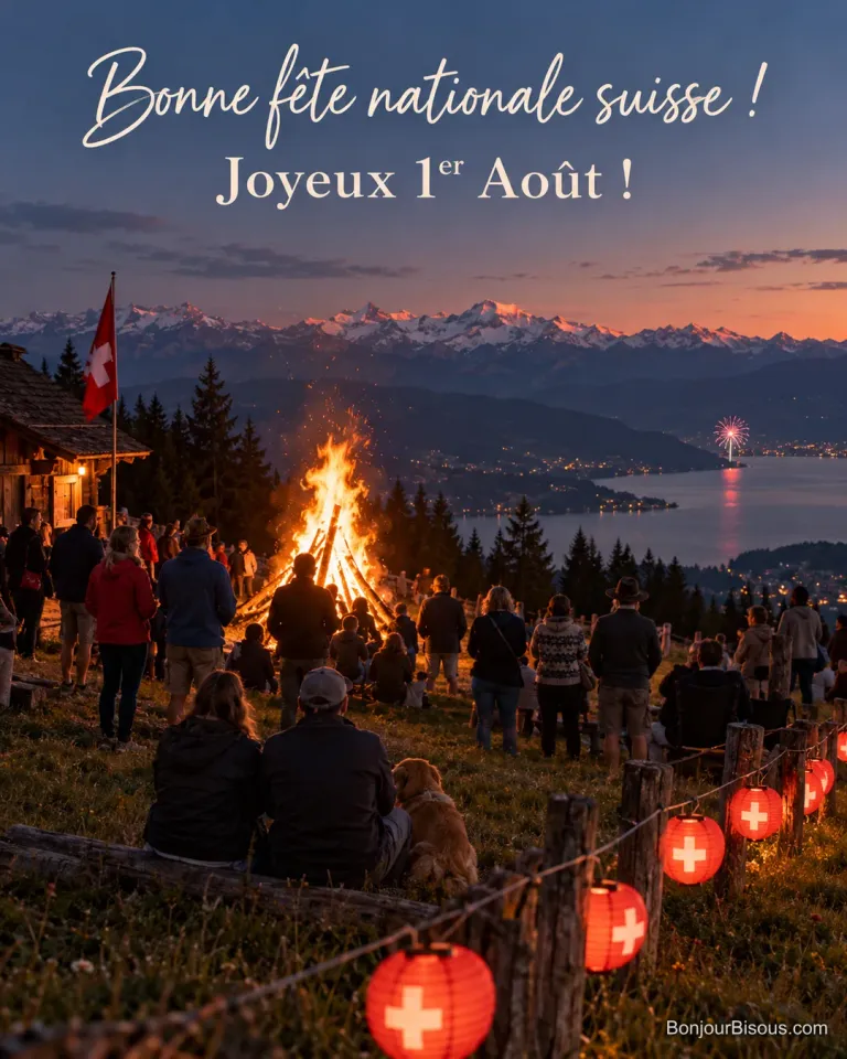 Photo d’un grand feu de joie sur un alpage suisse au crépuscule, des villageois vus de dos, des lampions rouges à croix blanche, un drapeau suisse et un lac avec un feu d’artifice, avec le texte « Bonne fête nationale suisse ! Joyeux 1er Août ! »