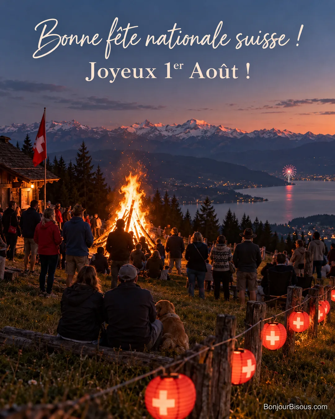 Photo d’un grand feu de joie sur un alpage suisse au crépuscule, des villageois vus de dos, des lampions rouges à croix blanche, un drapeau suisse et un lac avec un feu d’artifice, avec le texte « Bonne fête nationale suisse ! Joyeux 1er Août ! » Photo d’un grand feu de joie sur un alpage suisse au crépuscule, des villageois vus de dos, des lampions rouges à croix blanche, un drapeau suisse et un lac avec un feu d’artifice, avec le texte « Bonne fête nationale suisse ! Joyeux 1er Août ! »
