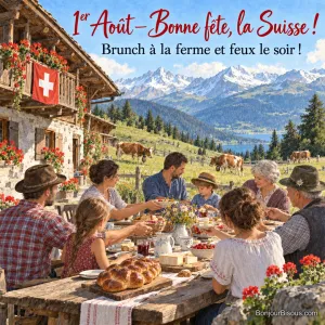 Peinture d’un brunch en famille devant un chalet fleuri de géraniums avec un drapeau suisse, tresse, fromages et confitures sur la table, vaches et montagnes enneigées, avec le texte « 1er Août – Bonne fête, la Suisse ! Brunch à la ferme et feux le soir ! »