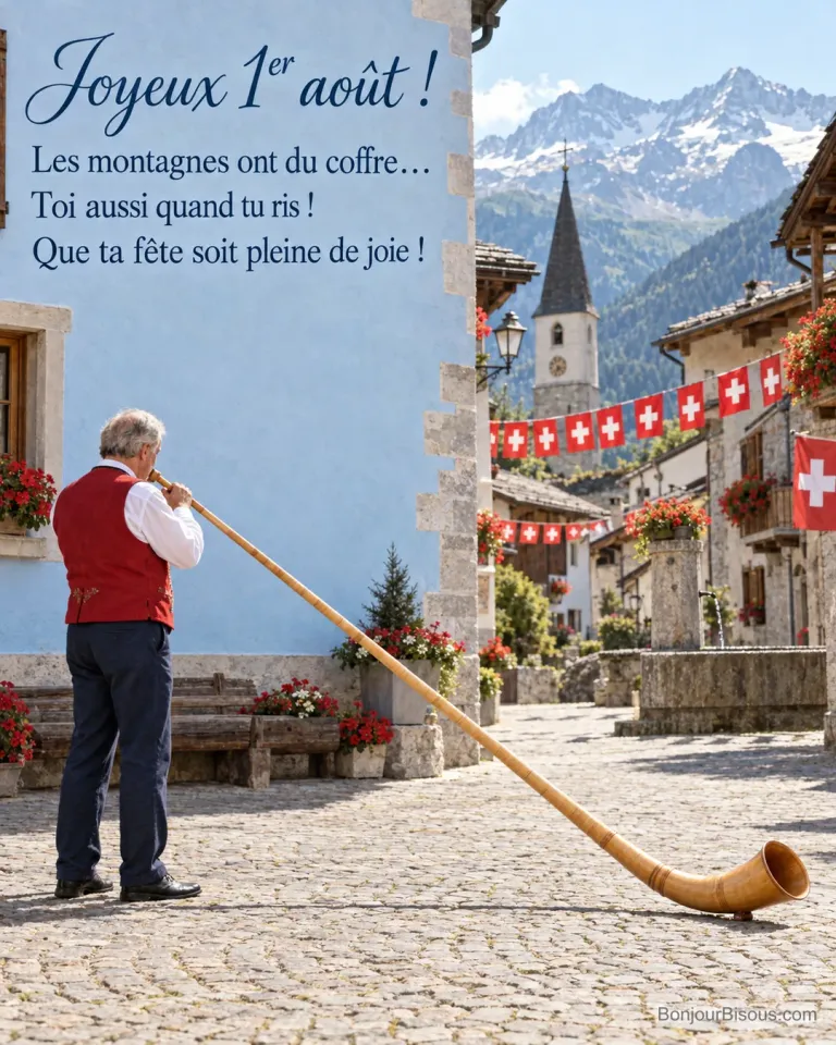 Un musicien joue du cor des Alpes sur une place valaisanne pavoisée pour la fête suisse, avec le texte « Joyeux 1er août ! Les montagnes ont du coffre… Toi aussi quand tu ris ! Que ta fête soit pleine de joie ! ».