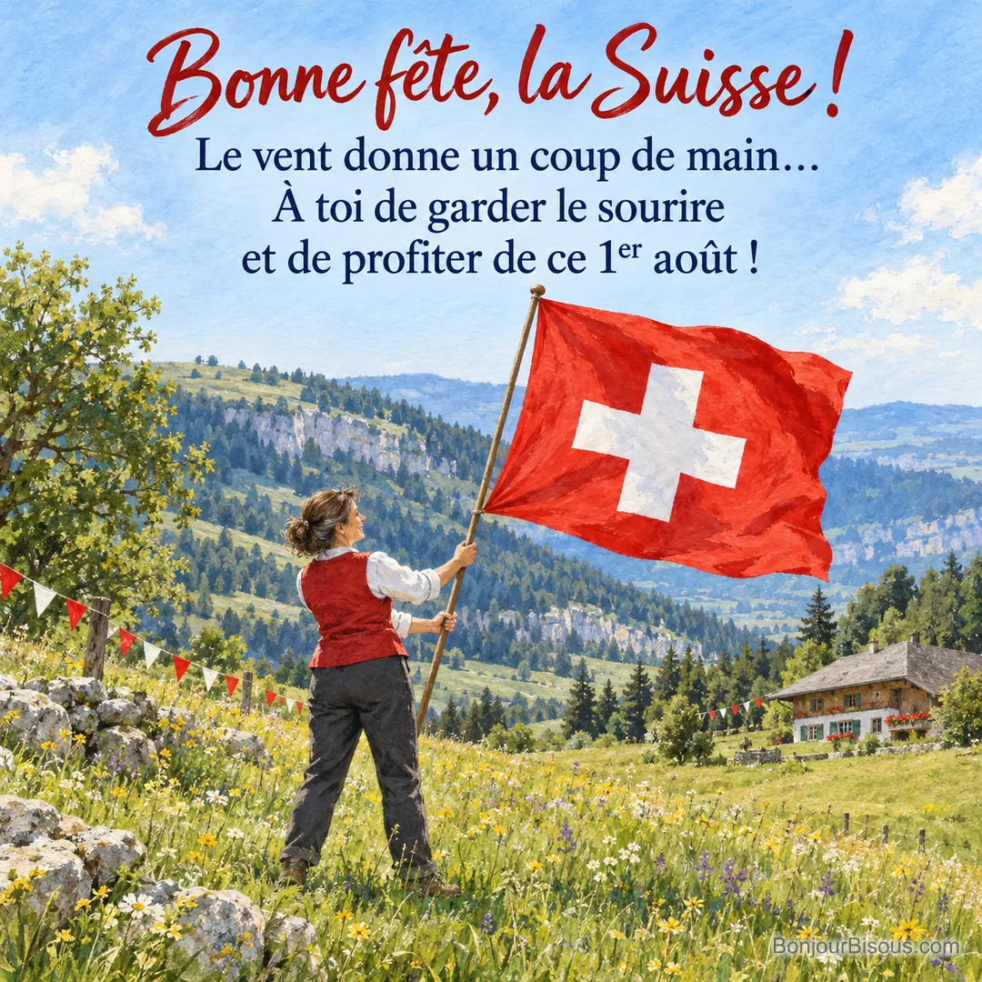 Une lanceuse de drapeau fait onduler la croix suisse dans un pré décoré pour le 1er août, avec le texte « Bonne fête, la Suisse ! Le vent donne un coup de main… À toi de garder le sourire et de profiter de ce 1er août ! ». Une lanceuse de drapeau fait onduler la croix suisse dans un pré décoré pour le 1er août, avec le texte « Bonne fête, la Suisse ! Le vent donne un coup de main… À toi de garder le sourire et de profiter de ce 1er août ! ».