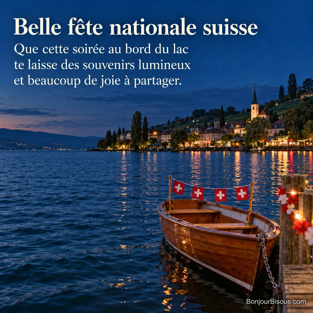 Une chaloupe pavoisée de croix suisses se balance devant les lumières de Neuchâtel en fête, avec le texte « Belle fête nationale suisse Que cette soirée au bord du lac te laisse des souvenirs lumineux et beaucoup de joie à partager. ». Une chaloupe pavoisée de croix suisses se balance devant les lumières de Neuchâtel en fête, avec le texte « Belle fête nationale suisse Que cette soirée au bord du lac te laisse des souvenirs lumineux et beaucoup de joie à partager. ».