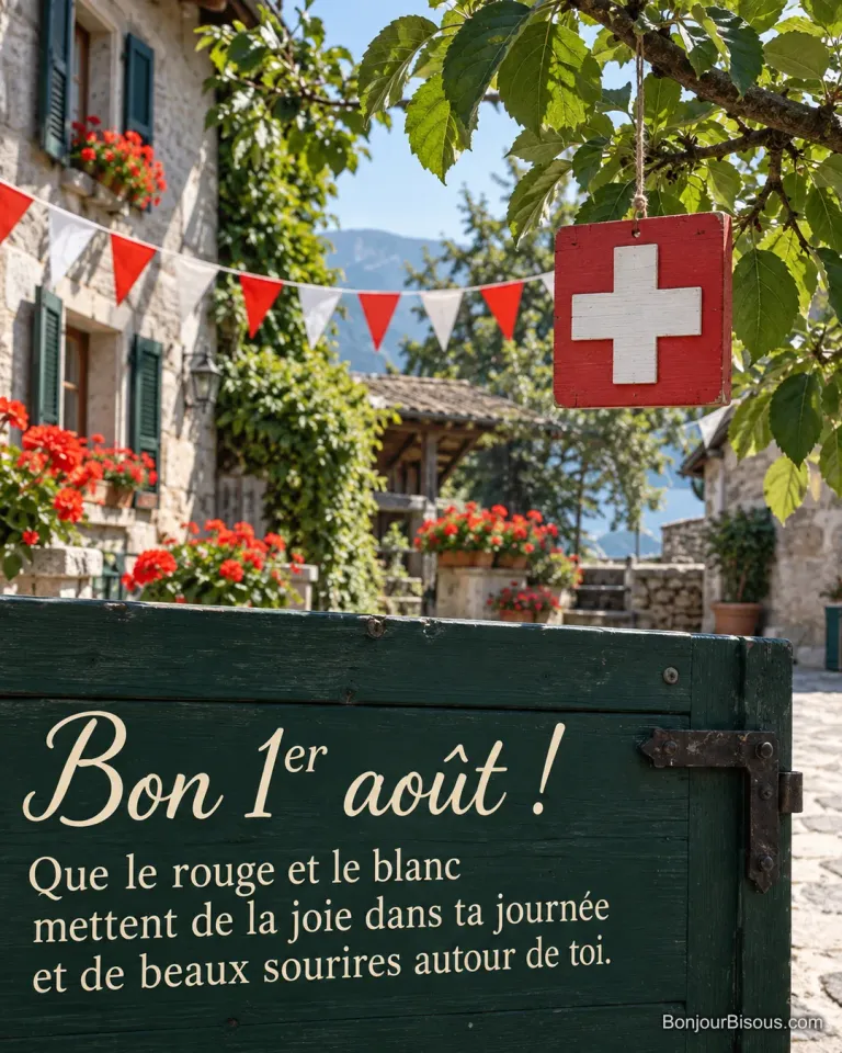Une croix suisse en bois blanc sur fond rouge est suspendue au-dessus d’un portail vert dans une cour pavoisée, avec le texte « Bon 1er août ! Que le rouge et le blanc mettent de la joie dans ta journée et de beaux sourires autour de toi. ».