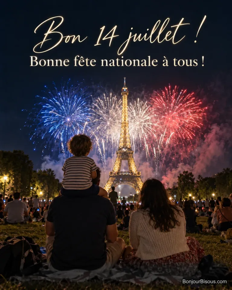 Photo d’une famille vue de dos assise sur une pelouse, un enfant sur les épaules de son père, devant un feu d’artifice bleu, blanc et rouge autour de la tour Eiffel illuminée, avec le texte « Bon 14 juillet ! Bonne fête nationale à tous ! »