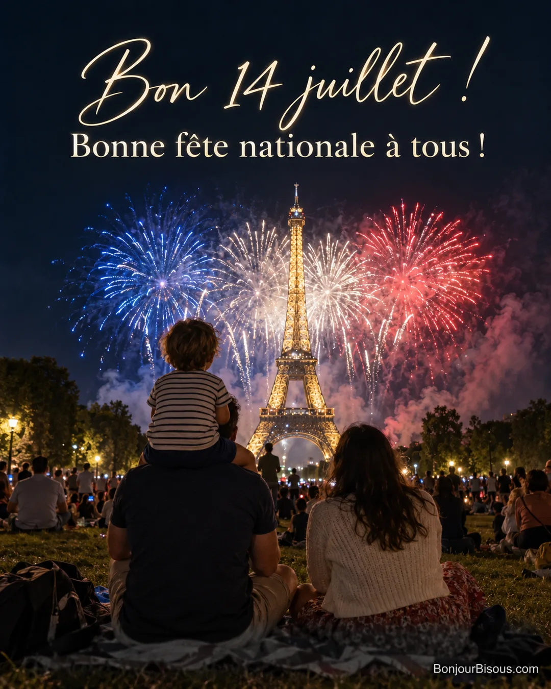 Photo d’une famille vue de dos assise sur une pelouse, un enfant sur les épaules de son père, devant un feu d’artifice bleu, blanc et rouge autour de la tour Eiffel illuminée, avec le texte « Bon 14 juillet ! Bonne fête nationale à tous ! » Photo d’une famille vue de dos assise sur une pelouse, un enfant sur les épaules de son père, devant un feu d’artifice bleu, blanc et rouge autour de la tour Eiffel illuminée, avec le texte « Bon 14 juillet ! Bonne fête nationale à tous ! »