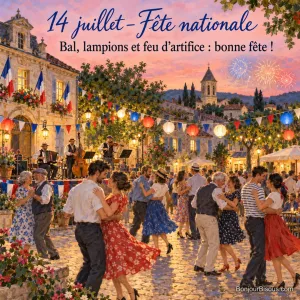 Peinture d’un bal du 14 juillet sur une place de village, couples qui dansent, petit orchestre, lampions et fanions bleu-blanc-rouge, drapeaux à la mairie et feu d’artifice, avec le texte « 14 juillet – Fête nationale – Bal, lampions et feu d’artifice : bonne fête ! »
