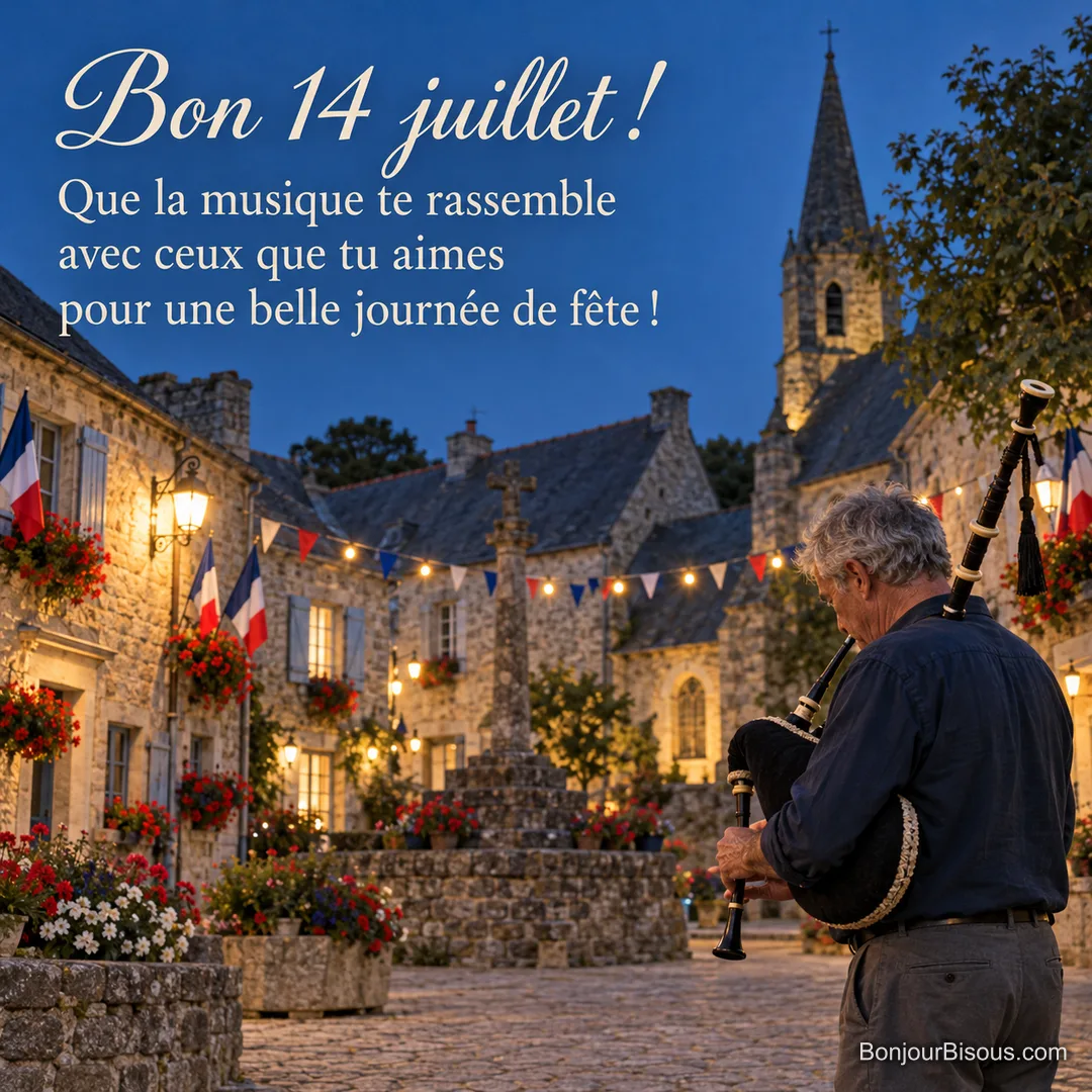 Un musicien joue de la cornemuse sur une place bretonne décorée pour le 14 juillet, avec le texte « Bon 14 juillet ! Que la musique te rassemble avec ceux que tu aimes pour une belle journée de fête ! ». Un musicien joue de la cornemuse sur une place bretonne décorée pour le 14 juillet, avec le texte « Bon 14 juillet ! Que la musique te rassemble avec ceux que tu aimes pour une belle journée de fête ! ».