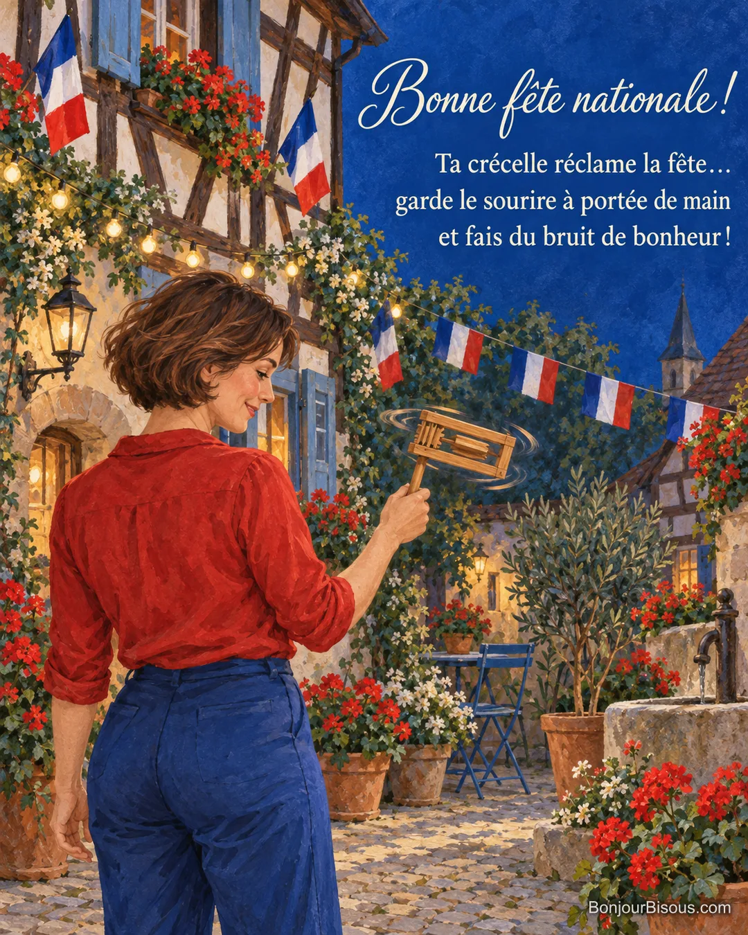 Une femme fait tourner une crécelle en bois dans une cour décorée de tricolore, avec le texte « Bonne fête nationale ! Ta crécelle réclame la fête… garde le sourire à portée de main et fais du bruit de bonheur ! ». Une femme fait tourner une crécelle en bois dans une cour décorée de tricolore, avec le texte « Bonne fête nationale ! Ta crécelle réclame la fête… garde le sourire à portée de main et fais du bruit de bonheur ! ».