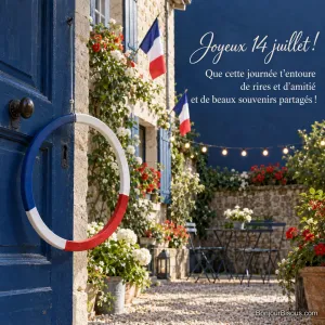 Un cerceau bleu, blanc et rouge tourne doucement sous un porche préparé pour la fête, avec le texte « Joyeux 14 juillet ! Que cette journée t’entoure de rires et d’amitié et de beaux souvenirs partagés ! ».