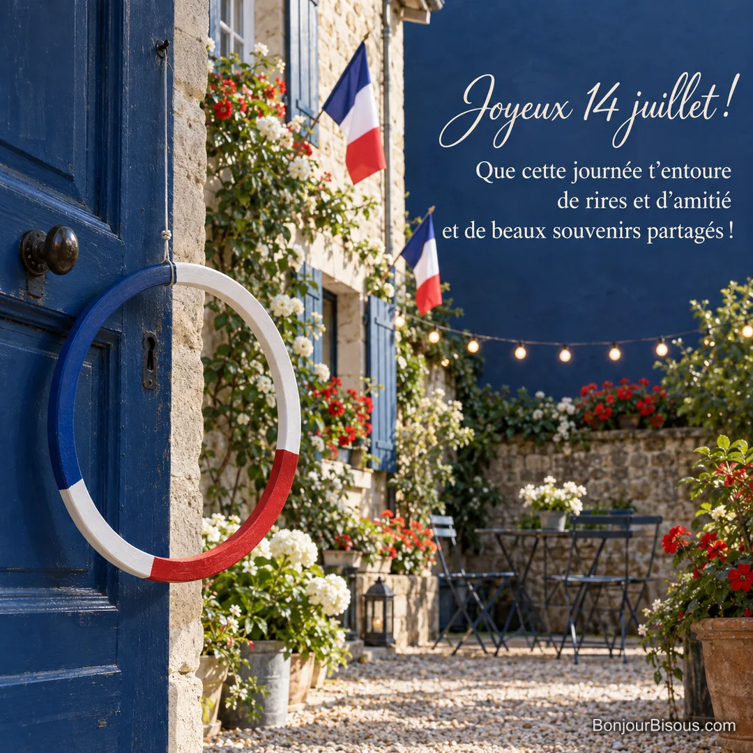 Un cerceau bleu, blanc et rouge tourne doucement sous un porche préparé pour la fête, avec le texte « Joyeux 14 juillet ! Que cette journée t’entoure de rires et d’amitié et de beaux souvenirs partagés ! ». Un cerceau bleu, blanc et rouge tourne doucement sous un porche préparé pour la fête, avec le texte « Joyeux 14 juillet ! Que cette journée t’entoure de rires et d’amitié et de beaux souvenirs partagés ! ».