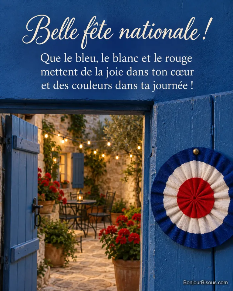 Une cocarde tricolore en tissu décore une porte ouverte sur une cour en fête, avec le texte « Belle fête nationale ! Que le bleu, le blanc et le rouge mettent de la joie dans ton cœur et des couleurs dans ta journée ! ».