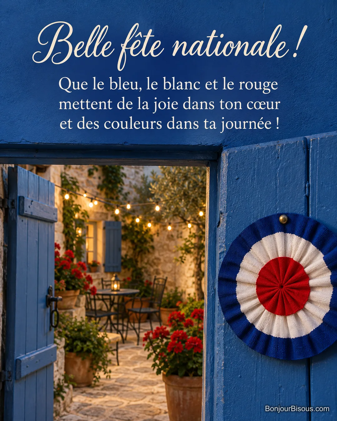 Une cocarde tricolore en tissu décore une porte ouverte sur une cour en fête, avec le texte « Belle fête nationale ! Que le bleu, le blanc et le rouge mettent de la joie dans ton cœur et des couleurs dans ta journée ! ». Une cocarde tricolore en tissu décore une porte ouverte sur une cour en fête, avec le texte « Belle fête nationale ! Que le bleu, le blanc et le rouge mettent de la joie dans ton cœur et des couleurs dans ta journée ! ».