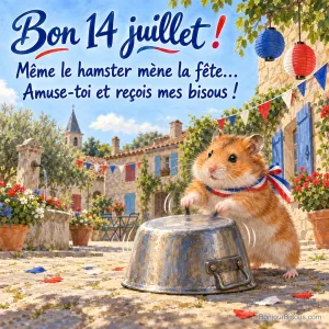 Un hamster roux joue du tambour sur une casserole dans une cour pavoisée pour le 14 juillet, avec le texte « Bon 14 juillet ! Même le hamster mène la fête… Amuse-toi et reçois mes bisous ! ».
