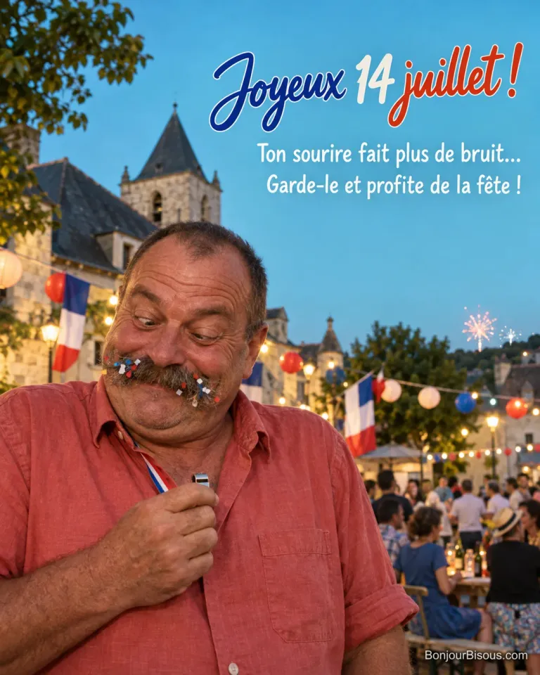 Un homme pouffe en découvrant des confettis tricolores dans sa moustache après avoir sifflé pour la fête, avec le texte « Joyeux 14 juillet ! Ton sourire fait plus de bruit… Garde-le et profite de la fête ! ».