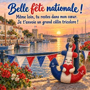 Une ancre en tissu tricolore ouvre ses bras autour d’un cœur devant un petit port décoré pour la fête, avec le texte « Belle fête nationale ! Même loin, tu restes dans mon cœur. Je t’envoie un grand câlin tricolore ! ».