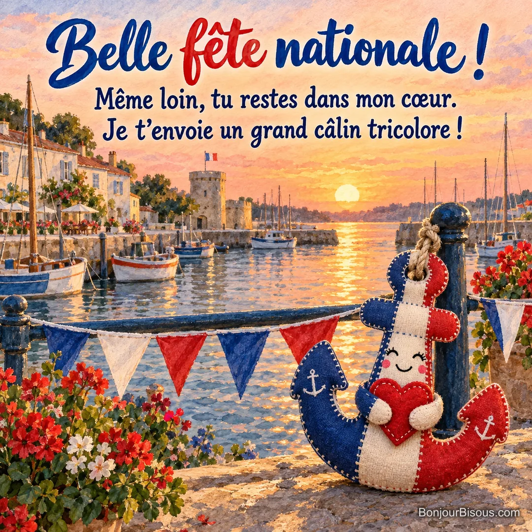 Une ancre en tissu tricolore ouvre ses bras autour d’un cœur devant un petit port décoré pour la fête, avec le texte « Belle fête nationale ! Même loin, tu restes dans mon cœur. Je t’envoie un grand câlin tricolore ! ». Une ancre en tissu tricolore ouvre ses bras autour d’un cœur devant un petit port décoré pour la fête, avec le texte « Belle fête nationale ! Même loin, tu restes dans mon cœur. Je t’envoie un grand câlin tricolore ! ».