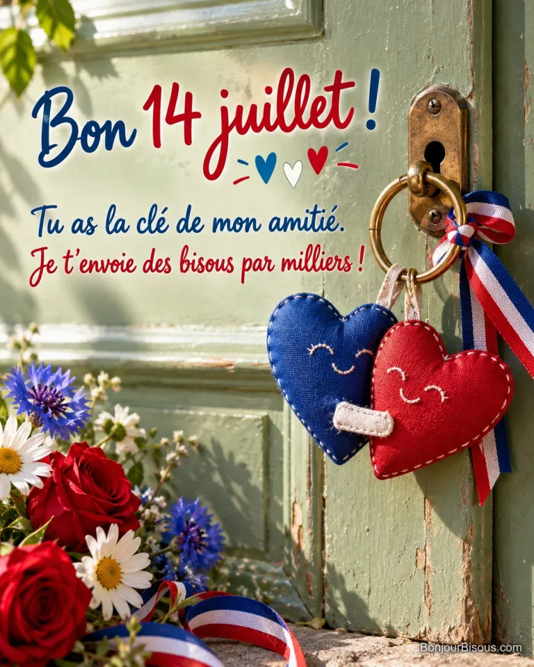 Deux porte-clés en cœur s’enlacent parmi des rubans tricolores et des fleurs d’été, avec le texte « Bon 14 juillet ! Tu as la clé de mon amitié. Je t’envoie des bisous par milliers ! ».