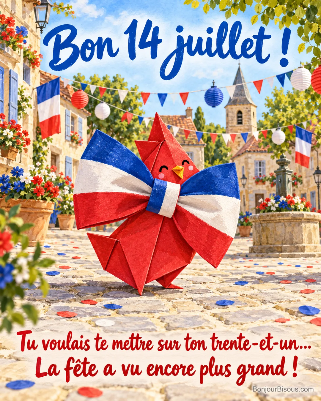Une cocotte en papier rouge disparaît presque derrière son immense nœud tricolore, avec le texte « Bon 14 juillet ! Tu voulais te mettre sur ton trente-et-un… La fête a vu encore plus grand ! ». Une cocotte en papier rouge disparaît presque derrière son immense nœud tricolore, avec le texte « Bon 14 juillet ! Tu voulais te mettre sur ton trente-et-un… La fête a vu encore plus grand ! ».