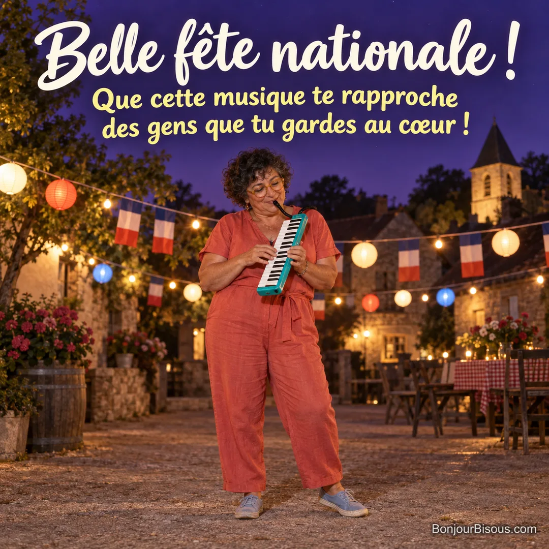 Une musicienne joue du mélodica au bal populaire du 14 juillet sous les lampions tricolores, avec le texte « Belle fête nationale ! Que cette musique te rapproche des gens que tu gardes au cœur ! ». Une musicienne joue du mélodica au bal populaire du 14 juillet sous les lampions tricolores, avec le texte « Belle fête nationale ! Que cette musique te rapproche des gens que tu gardes au cœur ! ».