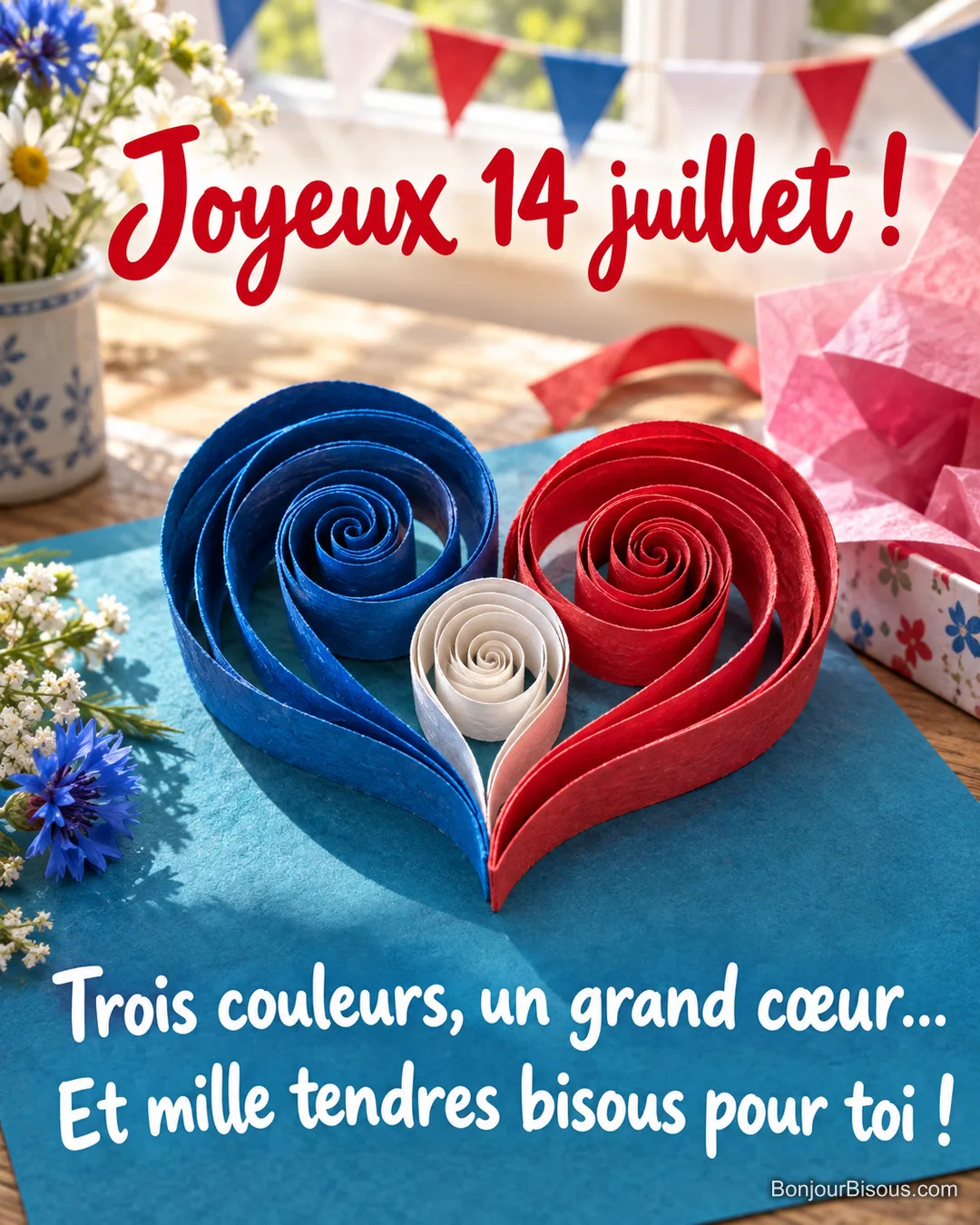 Des spirales de papier bleu, blanc et rouge s’enlacent pour former un cœur d’amitié, avec le texte « Joyeux 14 juillet ! Trois couleurs, un grand cœur… Et mille tendres bisous pour toi ! ». Des spirales de papier bleu, blanc et rouge s’enlacent pour former un cœur d’amitié, avec le texte « Joyeux 14 juillet ! Trois couleurs, un grand cœur… Et mille tendres bisous pour toi ! ».