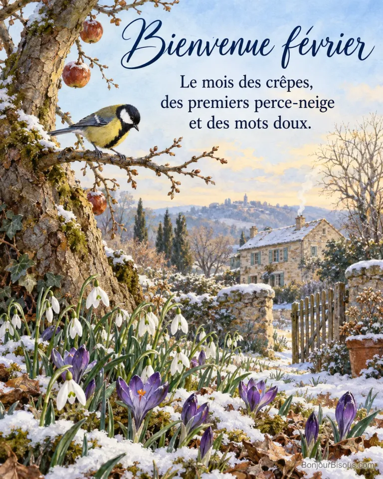 Peinture d’une mésange charbonnière sur une branche de pommier au-dessus de perce-neige et de crocus violets dans un jardin enneigé, maison en pierre au fond, avec le texte « Bienvenue février – Le mois des crêpes, des premiers perce-neige et des mots doux. »