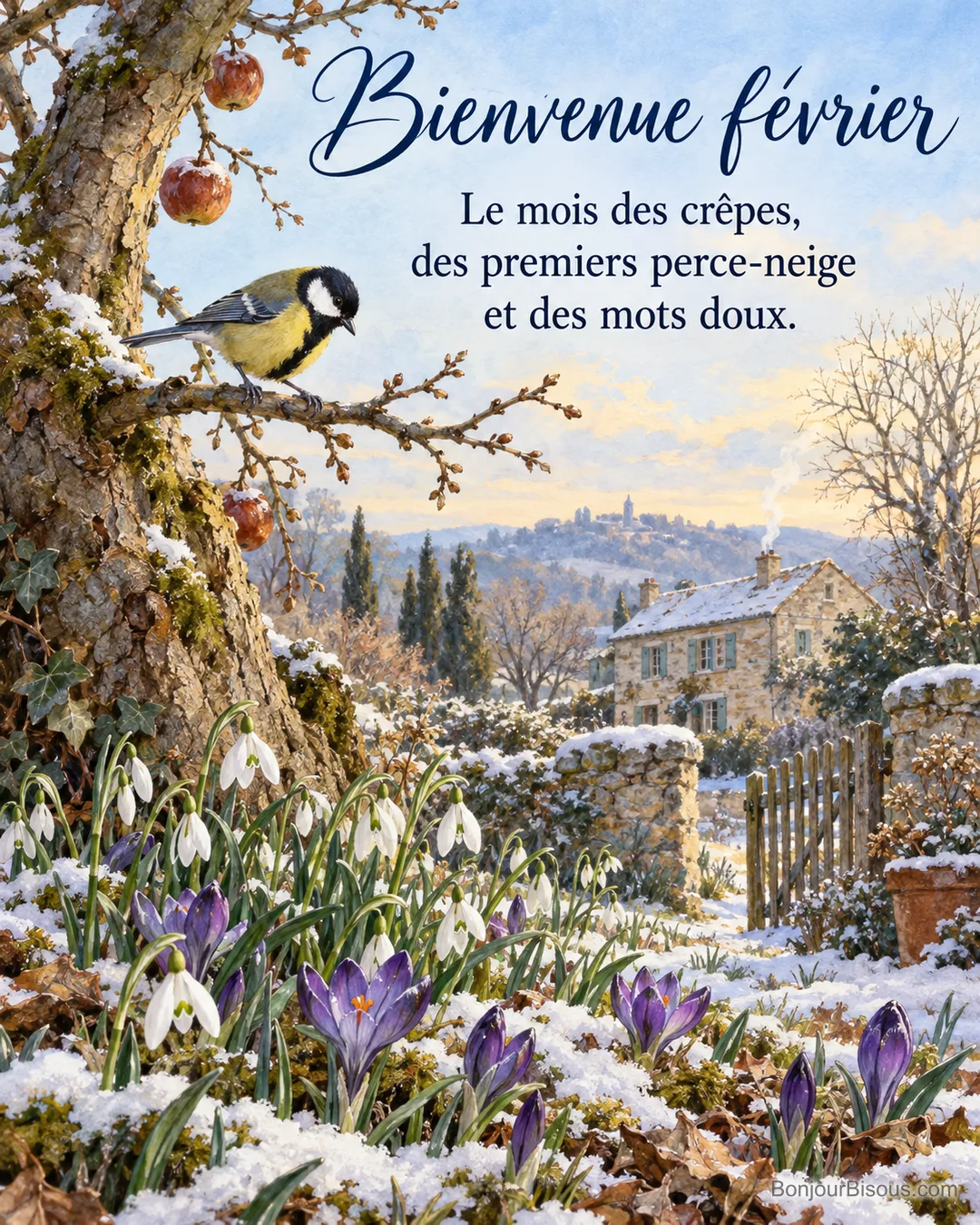 Peinture d’une mésange charbonnière sur une branche de pommier au-dessus de perce-neige et de crocus violets dans un jardin enneigé, maison en pierre au fond, avec le texte « Bienvenue février – Le mois des crêpes, des premiers perce-neige et des mots doux. »