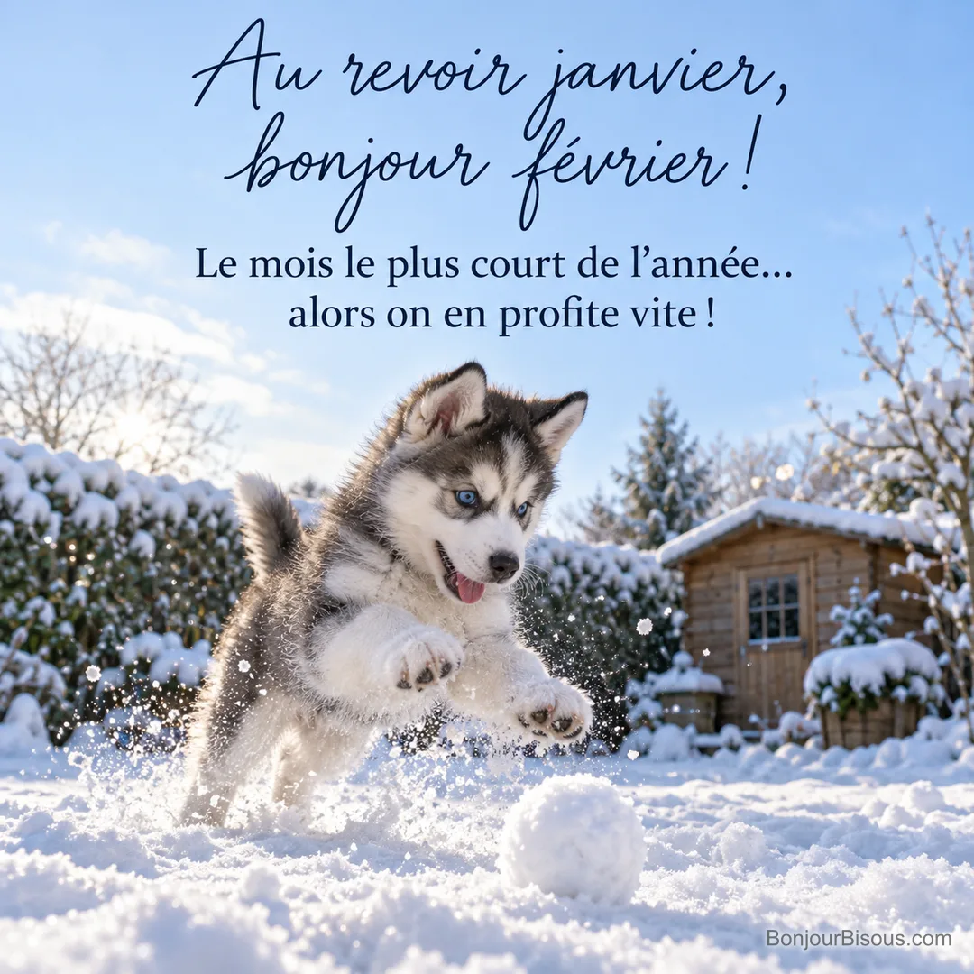 Photo d’un chiot husky aux yeux bleus qui saute dans la neige d’un jardin vers une boule de neige, cabane en bois enneigée, avec le texte « Au revoir janvier, bonjour février ! Le mois le plus court de l’année… alors on en profite vite ! » Photo d’un chiot husky aux yeux bleus qui saute dans la neige d’un jardin vers une boule de neige, cabane en bois enneigée, avec le texte « Au revoir janvier, bonjour février ! Le mois le plus court de l’année… alors on en profite vite ! »