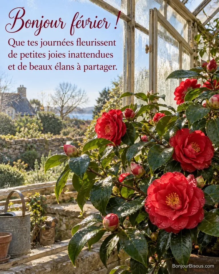 Des camélias rouges s’épanouissent dans la lumière hivernale d’une serre bretonne, avec le texte « Bonjour février ! Que tes journées fleurissent de petites joies inattendues et de beaux élans à partager. ».