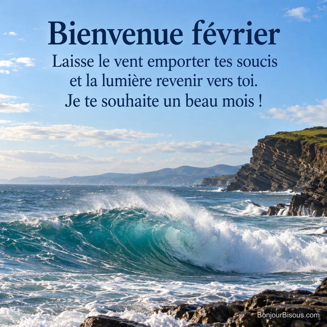 Une vague turquoise et ses embruns animent le littoral basque sous un ciel lumineux de février, avec le texte « Bienvenue février Laisse le vent emporter tes soucis et la lumière revenir vers toi. Je te souhaite un beau mois ! ». Une vague turquoise et ses embruns animent le littoral basque sous un ciel lumineux de février, avec le texte « Bienvenue février Laisse le vent emporter tes soucis et la lumière revenir vers toi. Je te souhaite un beau mois ! ».