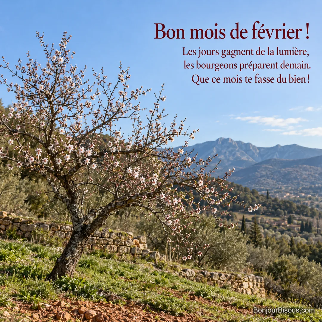 Un amandier commence à fleurir dans un verger provençal sous une douce lumière de février, avec le texte « Bon mois de février ! Les jours gagnent de la lumière, les bourgeons préparent demain. Que ce mois te fasse du bien ! ». Un amandier commence à fleurir dans un verger provençal sous une douce lumière de février, avec le texte « Bon mois de février ! Les jours gagnent de la lumière, les bourgeons préparent demain. Que ce mois te fasse du bien ! ».
