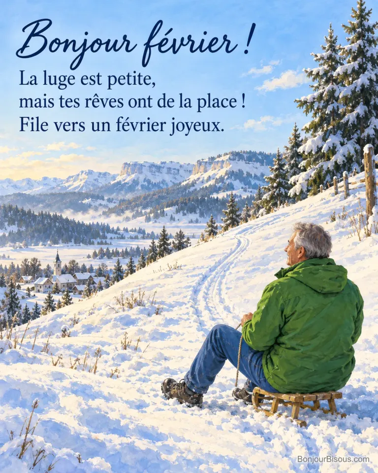 Un homme aux cheveux gris s’installe sur une petite luge de bois face à une pente et un village enneigés, avec le texte « Bonjour février ! La luge est petite, mais tes rêves ont de la place ! File vers un février joyeux. ».
