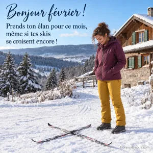 Une femme regarde ses skis de fond croisés devant un chalet vosgien au matin, avec le texte « Bonjour février ! Prends ton élan pour ce mois, même si tes skis se croisent encore ! ».