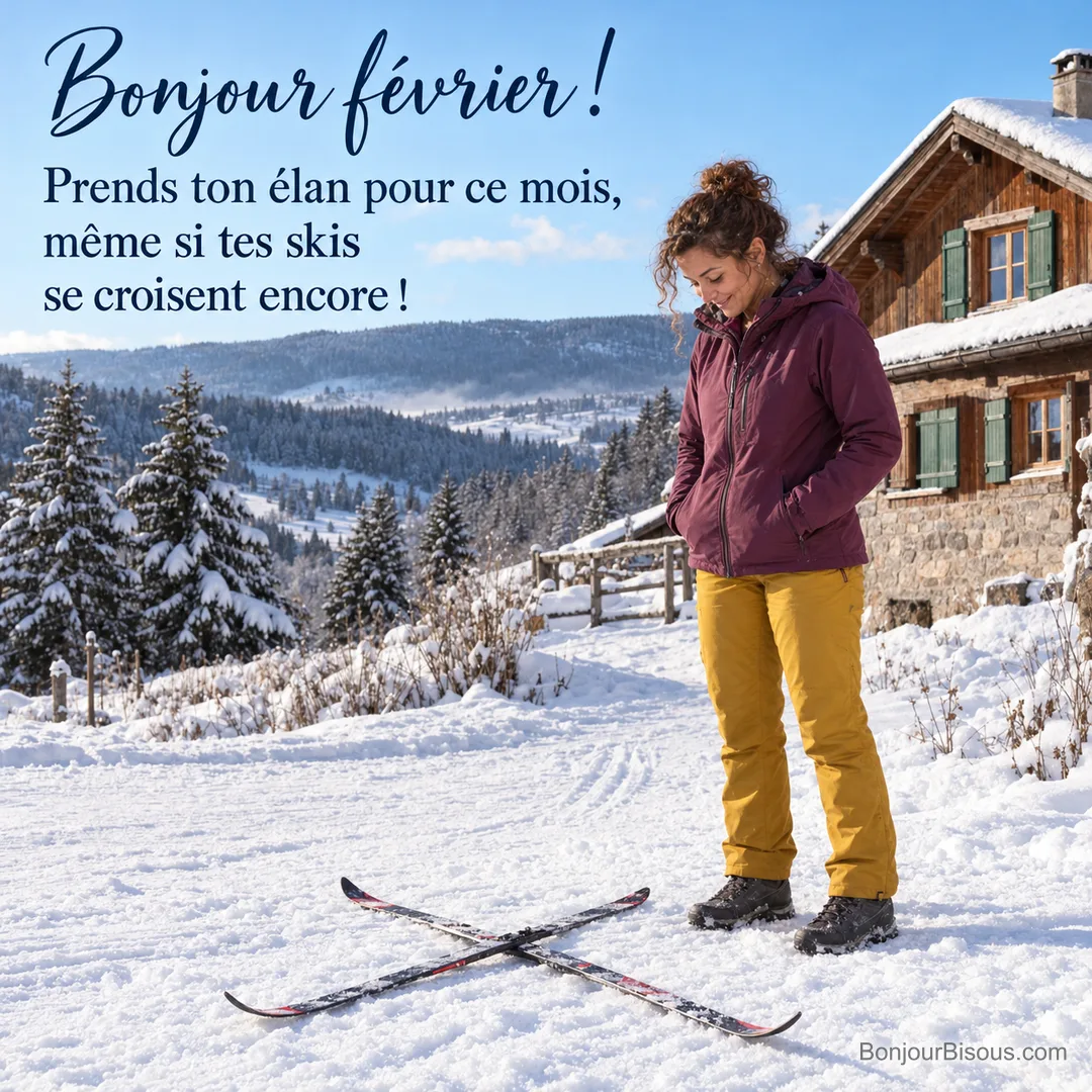 Une femme regarde ses skis de fond croisés devant un chalet vosgien au matin, avec le texte « Bonjour février ! Prends ton élan pour ce mois, même si tes skis se croisent encore ! ». Une femme regarde ses skis de fond croisés devant un chalet vosgien au matin, avec le texte « Bonjour février ! Prends ton élan pour ce mois, même si tes skis se croisent encore ! ».