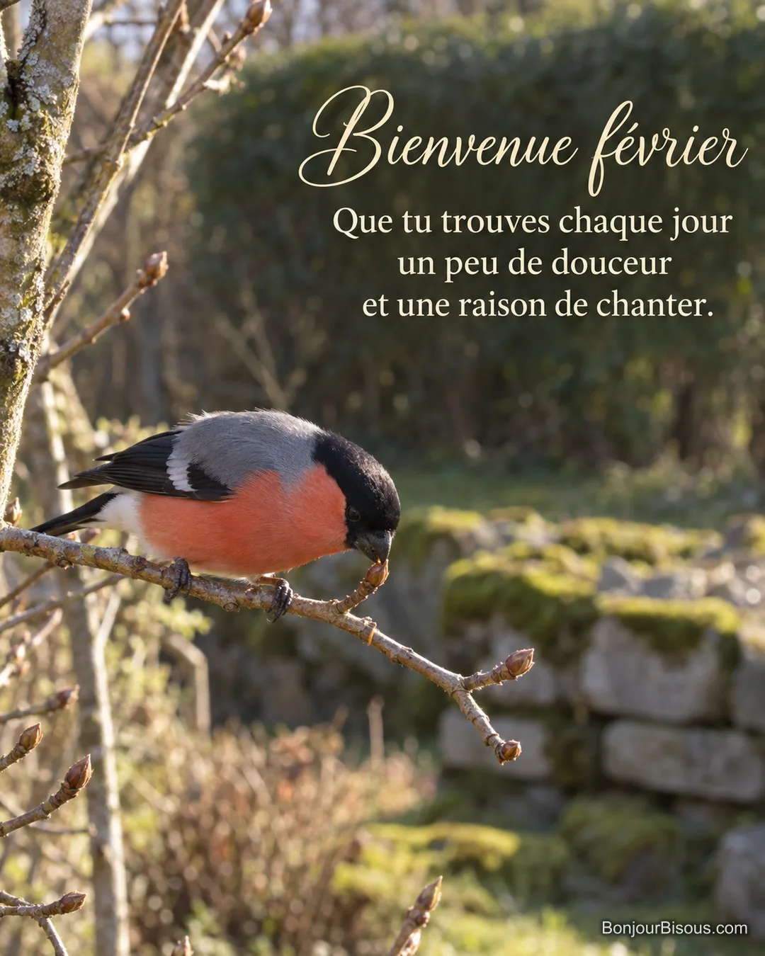 Un bouvreuil pivoine mâle se pose sur une branche dénudée dans un jardin du Morvan, avec le texte « Bienvenue février Que tu trouves chaque jour un peu de douceur et une raison de chanter. ». Un bouvreuil pivoine mâle se pose sur une branche dénudée dans un jardin du Morvan, avec le texte « Bienvenue février Que tu trouves chaque jour un peu de douceur et une raison de chanter. ».