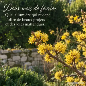 Des fleurs jaunes de cornouiller mâle s’ouvrent dans un jardin de Bourgogne en février, avec le texte « Doux mois de février Que la lumière qui revient t’offre de beaux projets et des joies inattendues. ».