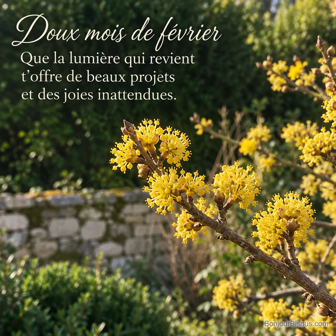 Des fleurs jaunes de cornouiller mâle s’ouvrent dans un jardin de Bourgogne en février, avec le texte « Doux mois de février Que la lumière qui revient t’offre de beaux projets et des joies inattendues. ». Des fleurs jaunes de cornouiller mâle s’ouvrent dans un jardin de Bourgogne en février, avec le texte « Doux mois de février Que la lumière qui revient t’offre de beaux projets et des joies inattendues. ».