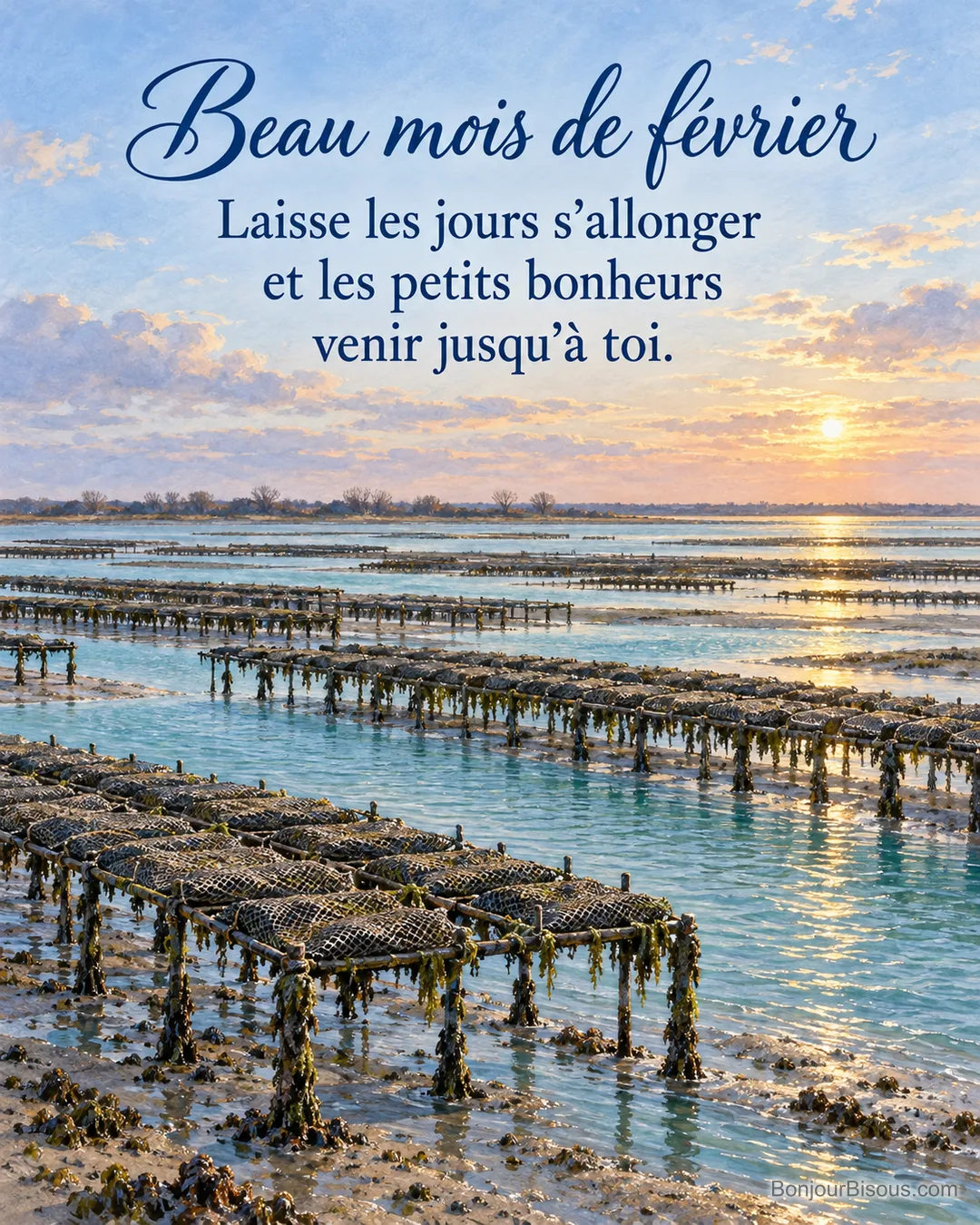 Les parcs à huîtres de Marennes se découvrent à marée basse sous une lumière de février, avec le texte « Beau mois de février Laisse les jours s’allonger et les petits bonheurs venir jusqu’à toi. ». Les parcs à huîtres de Marennes se découvrent à marée basse sous une lumière de février, avec le texte « Beau mois de février Laisse les jours s’allonger et les petits bonheurs venir jusqu’à toi. ».
