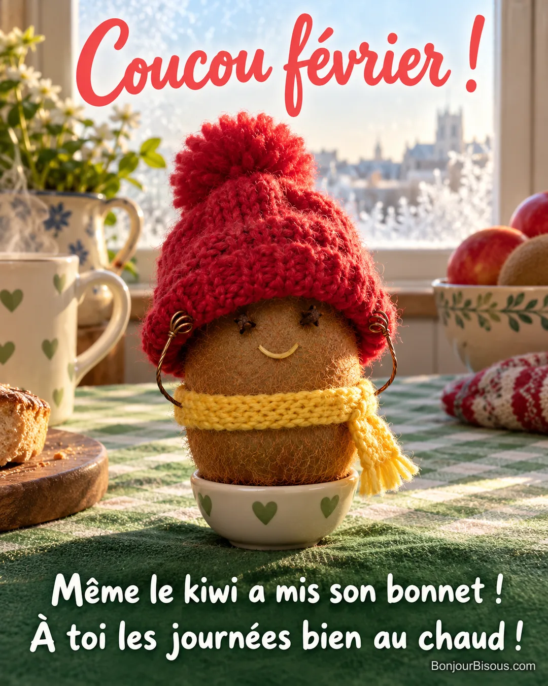 Un kiwi à petit visage porte un bonnet rouge trop grand et une écharpe jaune dans une cuisine hivernale, avec le message « Coucou février ! Même le kiwi a mis son bonnet ! À toi les journées bien au chaud ! ». Un kiwi à petit visage porte un bonnet rouge trop grand et une écharpe jaune dans une cuisine hivernale, avec le message « Coucou février ! Même le kiwi a mis son bonnet ! À toi les journées bien au chaud ! ».