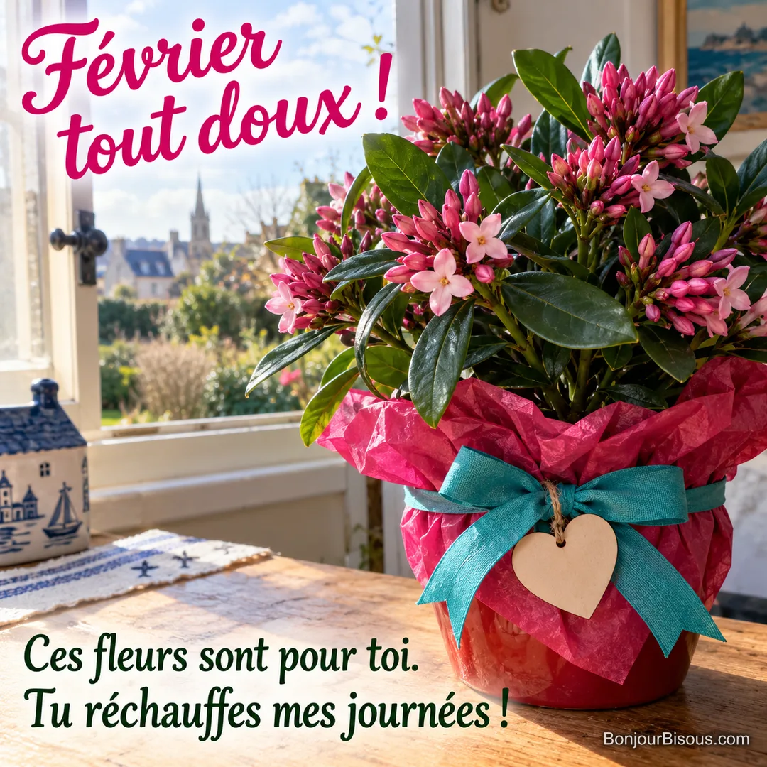 Un daphné odorant fleuri de rose est offert dans un pot rouge près d’une fenêtre bretonne, avec le message « Février tout doux ! Ces fleurs sont pour toi. Tu réchauffes mes journées ! ». Un daphné odorant fleuri de rose est offert dans un pot rouge près d’une fenêtre bretonne, avec le message « Février tout doux ! Ces fleurs sont pour toi. Tu réchauffes mes journées ! ».