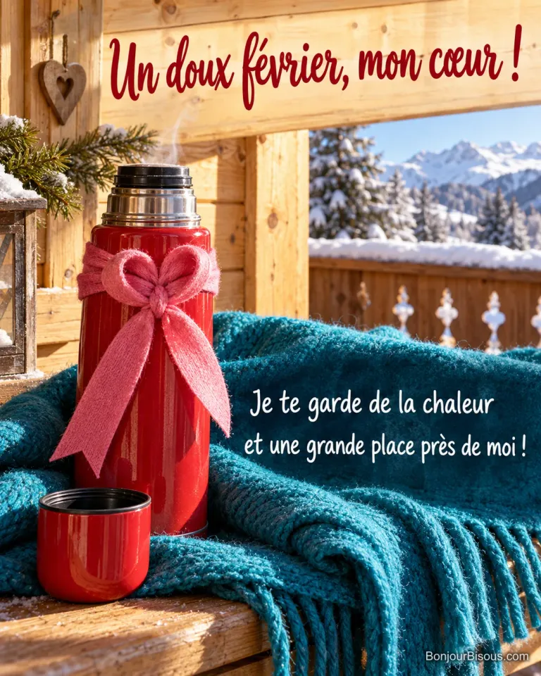 Un thermos rouge offert avec un ruban rose en cœur tient chaud sur une écharpe turquoise, avec le message « Un doux février, mon cœur ! Je te garde de la chaleur et une grande place près de moi ! ».
