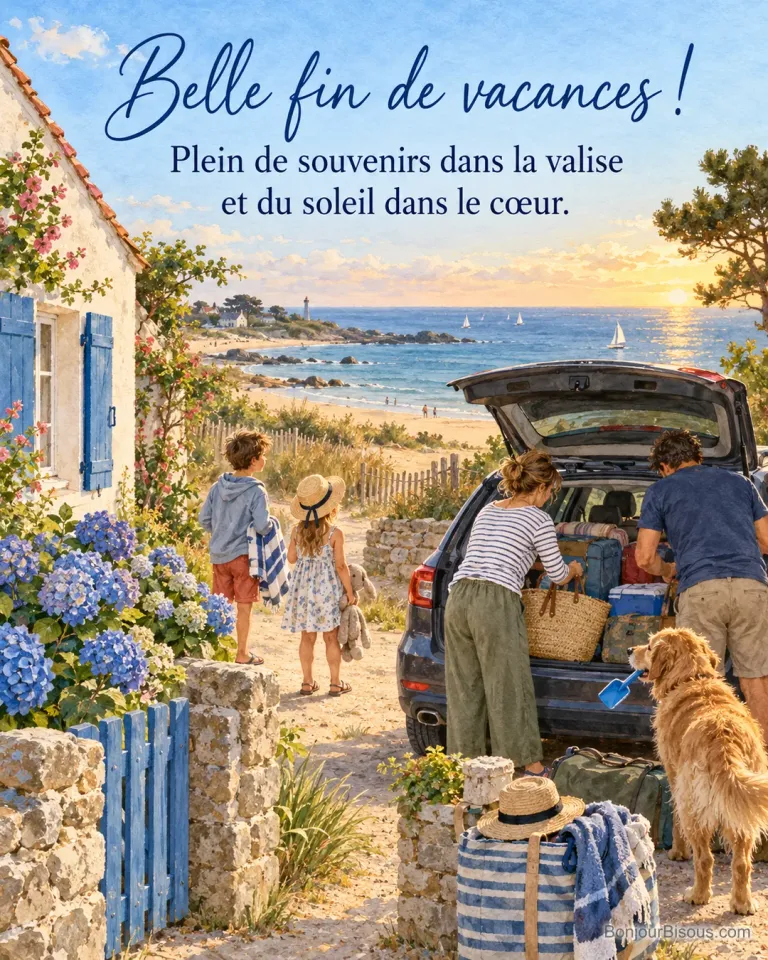 Peinture d’une famille qui charge une voiture devant une maison de bord de mer aux volets bleus et hortensias, deux enfants se retournent vers la plage, le chien tient une pelle, avec le texte « Belle fin de vacances ! Plein de souvenirs dans la valise et du soleil dans le cœur. »