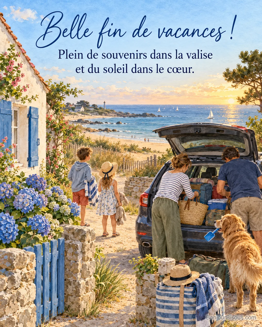 Peinture d’une famille qui charge une voiture devant une maison de bord de mer aux volets bleus et hortensias, deux enfants se retournent vers la plage, le chien tient une pelle, avec le texte « Belle fin de vacances ! Plein de souvenirs dans la valise et du soleil dans le cœur. » Peinture d’une famille qui charge une voiture devant une maison de bord de mer aux volets bleus et hortensias, deux enfants se retournent vers la plage, le chien tient une pelle, avec le texte « Belle fin de vacances ! Plein de souvenirs dans la valise et du soleil dans le cœur. »
