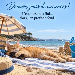 Photo d’un chat roux allongé sur une serviette rayée sous un parasol, la patte sur des lunettes de soleil, château de sable et mer bleue, avec le texte « Derniers jours de vacances ! L’été n’est pas fini… alors j’en profite à fond ! »