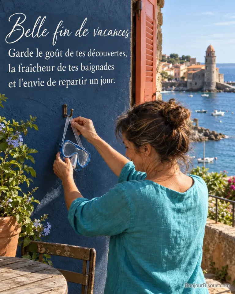 Une femme suspend son masque de plongée à une terrasse de Collioure. Le texte indique : « Belle fin de vacances Garde le goût de tes découvertes, la fraîcheur de tes baignades et l’envie de repartir un jour. »