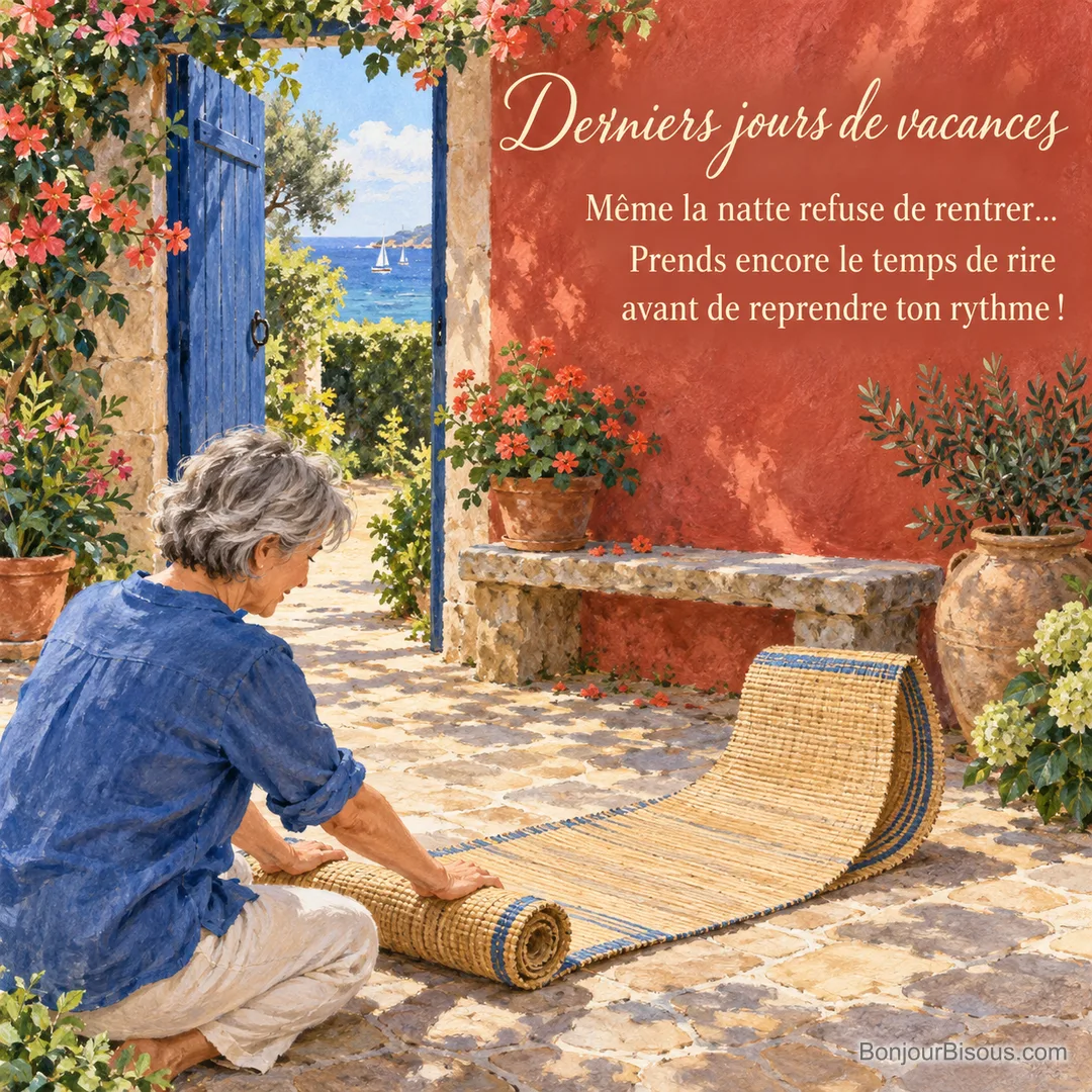 Une vacancière essaie de rouler une natte de plage qui se déroule dans la cour. Le texte indique : « Derniers jours de vacances Même la natte refuse de rentrer… Prends encore le temps de rire avant de reprendre ton rythme ! » Une vacancière essaie de rouler une natte de plage qui se déroule dans la cour. Le texte indique : « Derniers jours de vacances Même la natte refuse de rentrer… Prends encore le temps de rire avant de reprendre ton rythme ! »